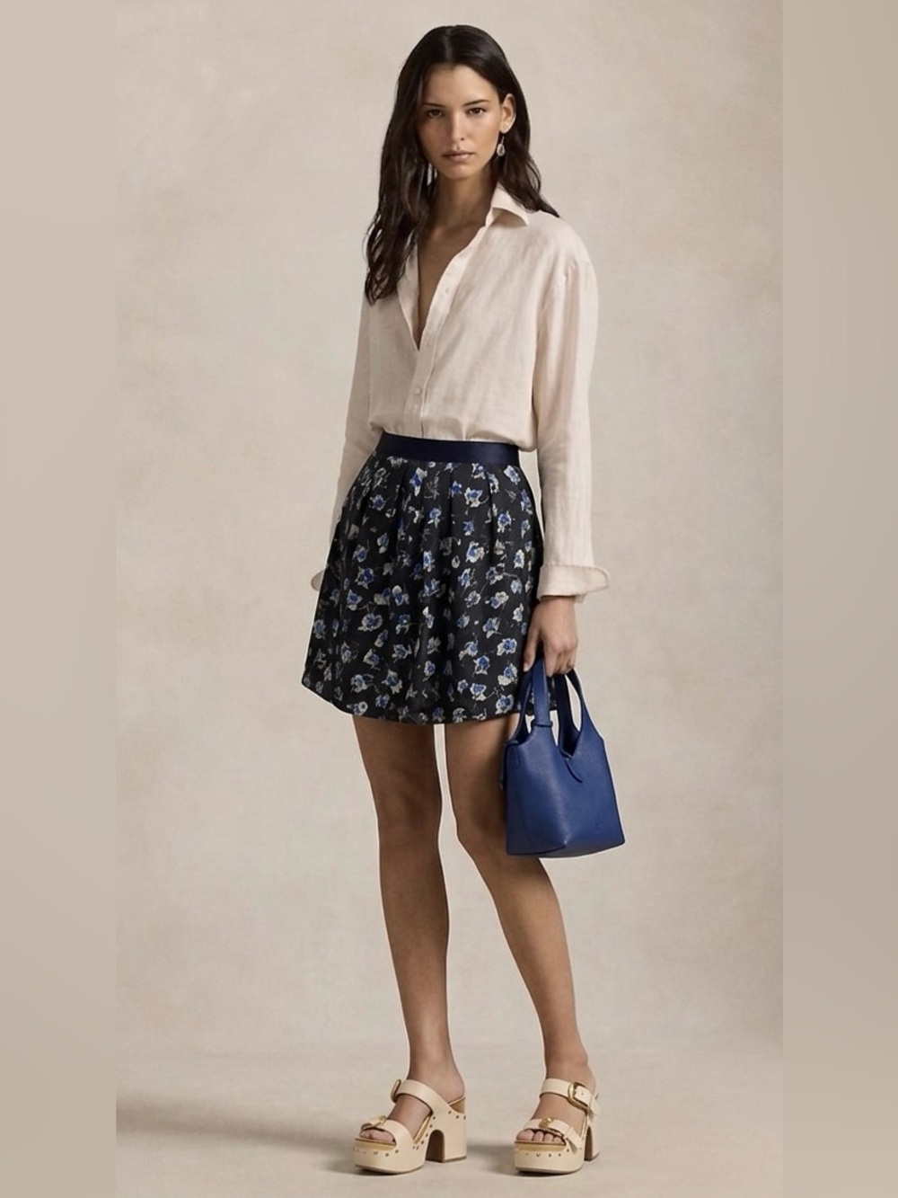 J. Crew Blue Botanical Floral Silk Pleated A Line Skirt Sz 6 Small Resort Preppy
